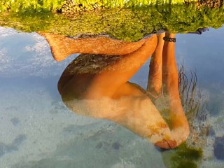 NAKED YOGA Stretching at Ocean shore # Reflection at Sun Set